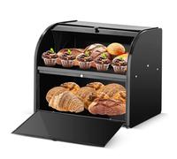 Esilihom Extra-large Bread Bins, 2-Layer Black Bread Bin with Roll Top Lid