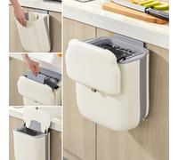 Esilihom Hanging Kitchen Bin with Lid, Foldable 10L Wall Mounted Food Waste Caddy, Trash Can for Under Sink/Cupboard Door/Cabinet/Bathroom/RV/Laundry（Cream & Grey）