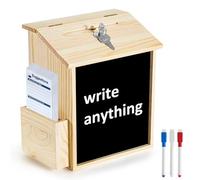 Esilihom Lockable Wooden Suggestion Box for Donations, Ballot & Feedback | Charity, Tip & Collection Box with Blackboard, 50 Cards & Pens | Wall Mount or Countertop for Office, Church, School