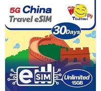 eSim Devices Only | Happy 5G eSim Mainland China 30 Days Unlimited Data travel eSim |15GB of 5G High-Speed Data Then 128kbps | Included Xinjiang & Tibet | Support All eSim Devices | No Registration