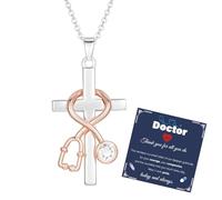 Esirly Nurses Gifts - Stethoscope Cross Necklace Graduation Presents for Nurses W ppreciation Gifts for Doctor Nurse, 18+2 inch, Brass, Cubic Zirconia
