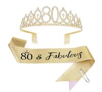 Esitrormi 80th Birthday Tiara and Sash Set for Women, Adjustable Queen Crown for Grandmother Mother, Gold 80 & Fabulous Birthday Accessories for Milestone Party Decorations