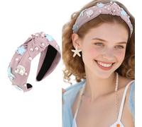 Esitrormi Pink Knotted Starfish & Shell Headband with Pearls for Women, Elastic Fabric Alice Band for Daily, Travel & Birthday Looks