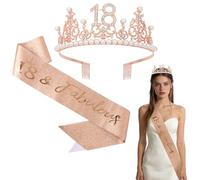 Esitrormi Rose Gold 18th Birthday Rhinestone Tiara & Sash Set for Women