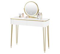 eSituro Dressing Table with Mirror, Dimmable LED Lights, Vanity Desk with 2 Large Drawers, 110 x 40 x 77.5 cm, White Bedroom Makeup Table, Wooden + Metal legs, White and Gold