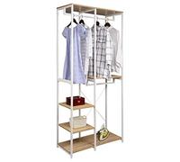 eSituro Heavy Duty Clothes Rail, Free Standing Open Wardrobe with 2 Hanging Rails, 5 Shelves, Garment Rack with Metal Frame, Hallway Coat Rack, White + Light Oak
