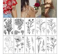 Esland Realistic Line Art Flowers Temporary Tattoos 10 Pieces Small Removable Botanical Leaf Tattoo Stickers for Women