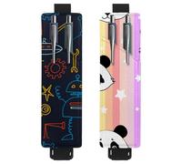 Eslifey 2 Pack Portable Pen Holder, Cartoon Robots Rocket Doodle Pattern Pencil Holder, Pen Sleeve Case Pouch Hold 2 or 3 Pens, Adjustable Elastic Band, Detachable