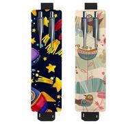 Eslifey 2 Pack Portable Pen Holder, Cartoon UFO Rocket Planet Star Pencil Holder, Pen Sleeve Case Pouch Hold 2 or 3 Pens, Adjustable Elastic Band, Detachable