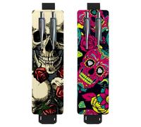 Eslifey 2 Pack Portable Pen Holder, Day of The Dead Skulls Red Roses Pattern Pencil Holder, Pen Sleeve Case Pouch Hold 2 or 3 Pens, Adjustable Elastic Band, Detachable