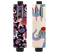 Eslifey 2 Pack Portable Pen Holder, Indian Elephants and Paisleys Pattern Pencil Holder, Pen Sleeve Case Pouch Hold 2 or 3 Pens, Adjustable Elastic Band, Detachable