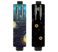 Eslifey 2 Pack Portable Pen Holder, Man Rowing Boat Glowing Moons Floating Night Scenery Pencil Holder, Pen Sleeve Case Pouch Hold 2 or 3 Pens, Adjustable Elastic Band, Detachable