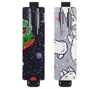 Eslifey 2 Pack Portable Pen Holder, Space Dinosaur Space Rocket Pattern Pencil Holder, Pen Sleeve Case Pouch Hold 2 or 3 Pens, Adjustable Elastic Band, Detachable
