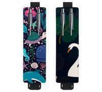 Eslifey 2 Pack Portable Pen Holder, Underwater Dolphin Whale Jelly Seaweed and Corals Pattern Pencil Holder, Pen Sleeve Case Pouch Hold 2 or 3 Pens, Adjustable Elastic Band, Detachable