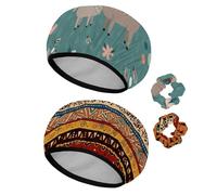 Eslifey 2 Pieces Reusable Shower Cap with Hair Scrunchies for Women, Waterproof Elastic Bath Hair Hat for Long Hair, Teal Mama Llama and Plowers Love Heart Pattern