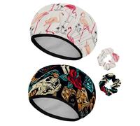 Eslifey 2 Pieces Reusable Shower Cap with Hair Scrunchies for Women, Waterproof Elastic Bath Hair Hat for Long Hair, Flamingo Bird Palm Tree Pattern