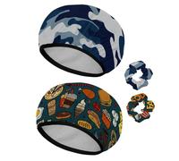 Eslifey 2 Pieces Reusable Shower Cap with Hair Scrunchies for Women, Waterproof Elastic Bath Hair Hat for Long Hair, Camouflage Blue Navy Cerulean Grey Masking Camo Pattern