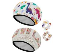 Eslifey 2 Pieces Reusable Shower Cap with Hair Scrunchies for Women, Waterproof Elastic Bath Hair Hat for Long Hair, Cute Dinosaurs Volcanoes