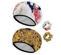 Eslifey 2 Pieces Reusable Shower Cap with Hair Scrunchies for Women, Waterproof Elastic Bath Hair Hat for Long Hair, Tropical Pattern with Koi Fish Anchor Corals