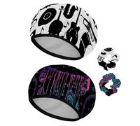 Eslifey 2 Pieces Reusable Shower Cap with Hair Scrunchies for Women, Waterproof Elastic Bath Hair Hat for Long Hair, Jazz Music Musical Instruments Piano Drum Guitar Pattern