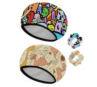 Eslifey 2 Pieces Reusable Shower Cap with Hair Scrunchies for Women, Waterproof Elastic Bath Hair Hat for Long Hair, Funny Coloring Monsters Rainbow Pattern