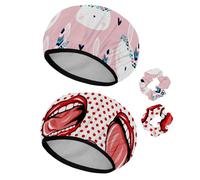 Eslifey 2 Pieces Reusable Shower Cap with Hair Scrunchies for Women, Waterproof Elastic Bath Hair Hat for Long Hair, Cute White Bunny Rabbit Tribe Wreath Love Heart Pattern