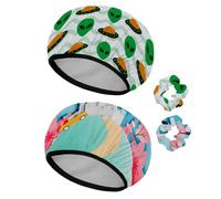Eslifey 2 Pieces Reusable Shower Cap with Hair Scrunchies for Women, Waterproof Elastic Bath Hair Hat for Long Hair, Green Alien UFO Invasion Spaceship Pattern