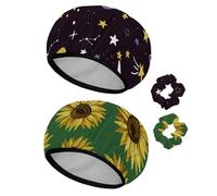 Eslifey 2 Pieces Reusable Shower Cap with Hair Scrunchies for Women, Waterproof Elastic Bath Hair Hat for Long Hair, Cartoon Planets Stars and Comets