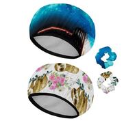 Eslifey 2 Pieces Reusable Shower Cap with Hair Scrunchies for Women, Waterproof Elastic Bath Hair Hat for Long Hair, Boy Pulled Big Bulb Half Buried Ground Night Sky Stars Space Dust