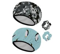 Eslifey 2 Pieces Reusable Shower Cap with Hair Scrunchies for Women, Waterproof Elastic Bath Hair Hat for Long Hair, Camo Military Camouflage Color Pattern