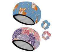 Eslifey 2 Pieces Reusable Shower Cap with Hair Scrunchies for Women, Waterproof Elastic Bath Hair Hat for Long Hair, Cute Smiling Welsh Corgi Dog Bones Pattern