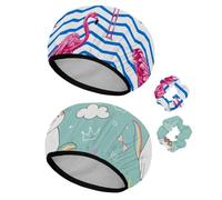 Eslifey 2 Pieces Reusable Shower Cap with Hair Scrunchies for Women, Waterproof Elastic Bath Hair Hat for Long Hair, Beautiful Tropical Pink Flamingos Geometric Stripe Pattern