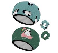 Eslifey 2 Pieces Reusable Shower Cap with Hair Scrunchies for Women, Waterproof Elastic Bath Hair Hat for Long Hair, Panda Sports Cute Bear in Different Poses Cartoon Pattern
