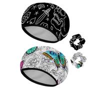 Eslifey 2 Pieces Reusable Shower Cap with Hair Scrunchies for Women, Waterproof Elastic Bath Hair Hat for Long Hair, Day of the Dead Skulls Bird Rose Pattern