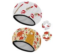 Eslifey 2 Pieces Reusable Shower Cap with Hair Scrunchies for Women, Waterproof Elastic Bath Hair Hat for Long Hair, Sexy Golden Lipstick Makeup