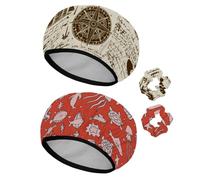 Eslifey 2 Pieces Reusable Shower Cap with Hair Scrunchies for Women, Waterproof Elastic Bath Hair Hat for Long Hair, Abstract Old Manuscript Rose Anchors Vintage Pattern