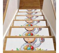 Eslifey 8"x30" 15 Pack Non-Slip Stair Treads, Indoor Stair Runners for Wooden Steps, Edging Stair Rugs for Kids Elders & Pets with Reusable Adhesive, Watercolor Boy Take Easter Eggs