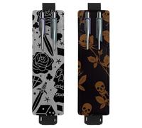 Eslifey Adjustable Elastic Band Pen Holder, Day of The Dead Skulls Bird Rose Diamond Pattern 2 Pack Pencil Holder Leather Pen Sleeve Pouch for Notebook Journals