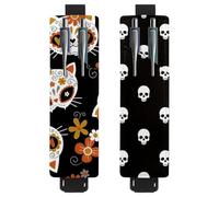 Eslifey Adjustable Elastic Band Pen Holder, Day of The Dead Suger Cat Skull Flowers 2 Pack Pencil Holder Leather Pen Sleeve Pouch for Notebook Journals