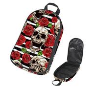 Eslifey Camping Travel Cooking Utensils Organizer Travel Bag, Sugar Skull Rose Pattern Stripes Portable Storage Bag for BBQ Camp Cookware Kitchen Kit