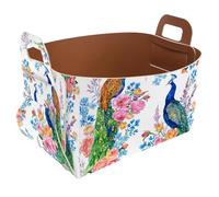Eslifey Collapsible Storage Bin Small 8.5"x5.5"x5.1" - Foldable Basket with Handles for Shelves, Nursery, Closet, Storage, Laundry Room Organization - Watercolor Peacock Birds