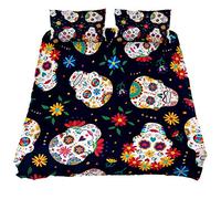 Eslifey Day Of The Dead Mexican Sugar Skull Duvet Cover Set 3 Piece Bedding Set Comforter Cover Zippers Pillowcases for Bedroom, King Size 102" x 87"