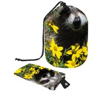 Eslifey Drawstring Cosmetic Bag, Barrel Shaped Portable Travel Makeup Bags, Adorable Baby Raccoon Sitting in Yellow Flowers Large Capacity Waterproof Multifunctional Bucket Toiletry Bag