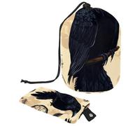Eslifey Drawstring Cosmetic Bag, Barrel Shaped Portable Travel Makeup Bags, Black Raven Dreamcatcher Pattern Large Capacity Waterproof Multifunctional Bucket Toiletry Bag