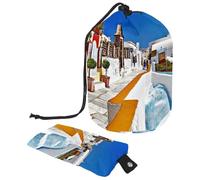 Eslifey Drawstring Cosmetic Bag - Barrel Shaped Portable Travel Makeup Bags - Greece Santorini Caldera Large Capacity Waterproof Multifunctional Bucket Toiletry Bag