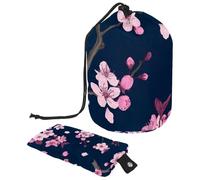 Eslifey Drawstring Cosmetic Bag, Barrel Shaped Portable Travel Makeup Bags, Pink Cherry Blossom Large Capacity Waterproof Multifunctional Bucket Toiletry Bag
