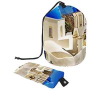 Eslifey Drawstring Cosmetic Bag, Barrel Shaped Portable Travel Makeup Bags, Santorini Greece Landscape Large Capacity Waterproof Multifunctional Bucket Toiletry Bag