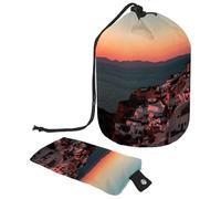Eslifey Drawstring Cosmetic Bag, Barrel Shaped Portable Travel Makeup Bags, Sunset in Santorini Large Capacity Waterproof Multifunctional Bucket Toiletry Bag