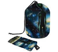 Eslifey Large Barrel Drawstring Makeup Bag, Galaxy Alien Stands Earth Travel Cosmetic Bag Portable Make Up Organizer Bag
