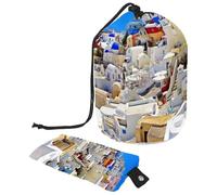 Eslifey Large Barrel Drawstring Makeup Bag - Greece Santorini Caldera Travel Cosmetic Bag Portable Make Up Organizer Bag